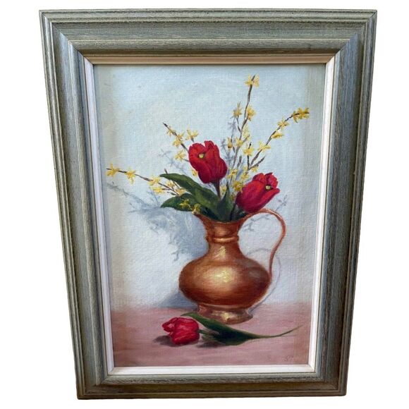 Vintage 1974 Floral Vase Oil Painting Signed – Framed 13 in x 17 in - Picture 1 of 5